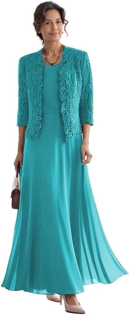 2 Piece Mother of The Bride Dresses with Jacket Lace Chiffon Tea Length 3/4 Sleeve Formal Dress for Women WQ11