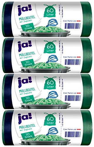ja! 120 Müllbeutel/Mülltüten mit Zugband 60 Liter 30 Stück pro Rolle reißfeste Bodennaht transparent 4 Rollen