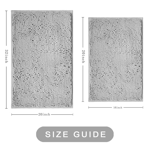 Bathroom Rugs Sets 2 Piece, Ultra Soft Absorbent Bath mat Chenille Bathroom Rug, Antiskid Bath mats Washable Bathroom mat (20x32 inch + 16x24 inch) Light Gray