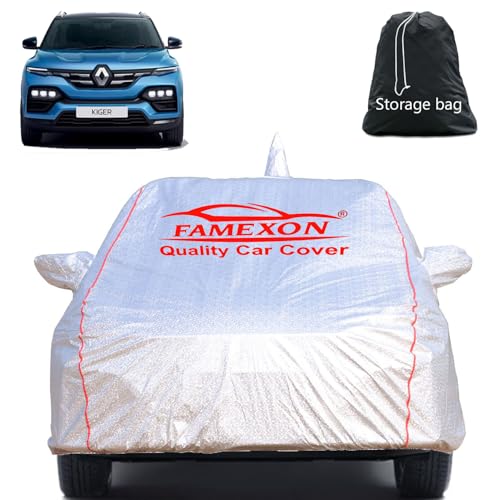 Image of Waterproof Car Body Cover with Mirror Pocket Compatible for Renault Kiger Triple Layer Inner Fabric & Pipein Design Protects from Animals, Heat, Rainfall (Metallic Silver)