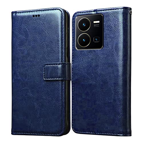 Casotec Flip Cover Compatible with Vivo Y35 4G | Premium Leather Finish | Inbuilt Pockets & Stand | Flip Cover Back Case for Vivo Y35 4G (Blue)