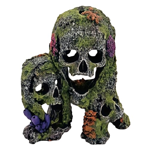 MaryCarrie Betta Fish Tank Decorations Hideout - Triple Skull Hiding Cave for Aquarium Resin Ornament with Artificial Moss Texture and Multiple Entrances for Shrimp Small Fish - 7.3x4.9x6.1inch