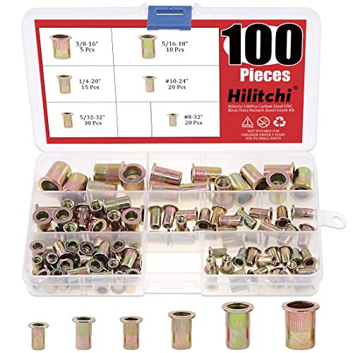 Hilitchi 100 Stück UNC Nietmuttern Gewindeeinsatz Muttern Sortiment Kit 5/32-32, 8-32, 10-24, 1/4-20, 5/16-18, 3/8-16 UNC Nietmutter Cover