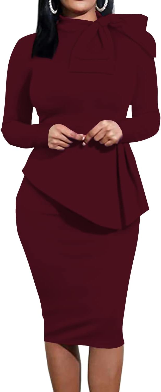 Peplum Club Ruffle Dresses Pencil Church Party Formal Long Sleeve Burgundy XL