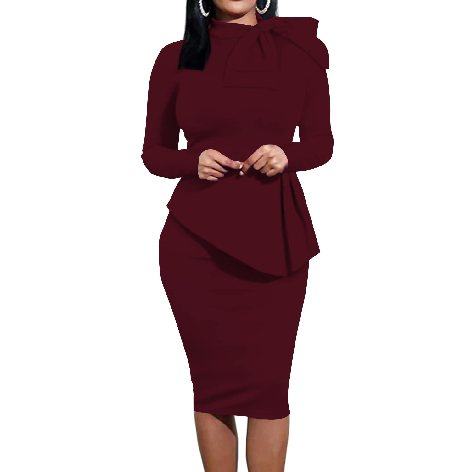 Peplum Club Ruffle Dresses Pencil Church Party Formal Long Sleeve Burgundy XL