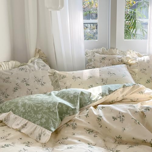 Image of MKXI Botanical Floral Duvet Cover Full Beige Girls Floral Ruffled Bedding Set Cottagecore Flower Comforter Cover Green Reversible Aesthetic Bed Set Cotton Elegant Style Students Duvet Cover