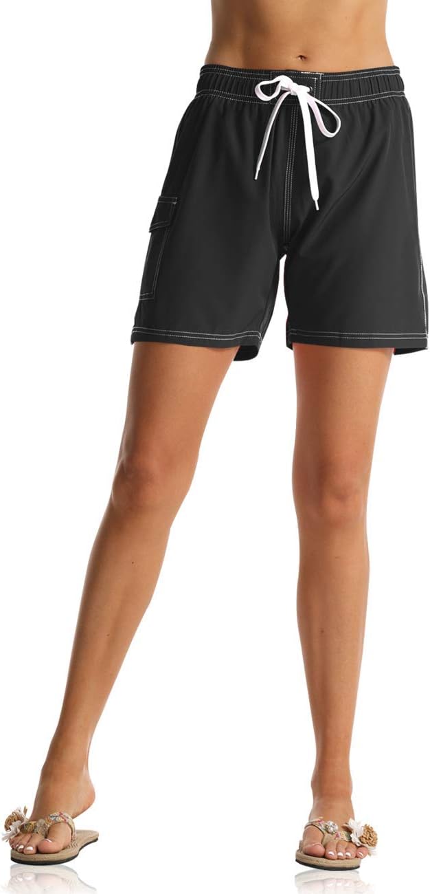 Nonwe Women's Swim Trunks Quick Dry Solid Summer Beach Shorts Mesh Lining