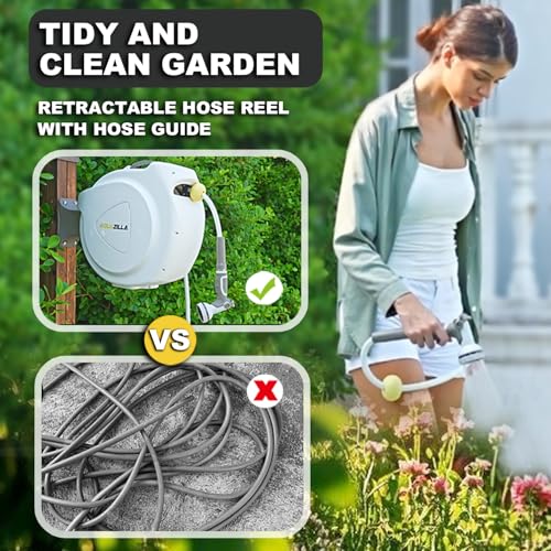 Image of Retractable Garden Hose Reel, 1 /2 in 75+6ft, Heavy Duty Wall Mounted Water Hose Reel, Spring power Automatic Rewind, Any Length Lock, 180 Swivel Bracket, 10 Pattern Spray Nozzle