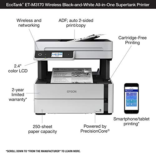 Image of Epson EcoTank ET-M3170 Wireless Monochrome All-in-One Supertank Printer with ADF, Fax and Ethernet Plus 2 Years of Unlimited Ink*