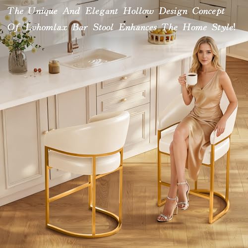 Set de 4 Butacos de Barra Modernos con Altura de Mostrador, Asiento tapizado en Cuero Sintético Beige y Estructura Metálica Dorada, Resistente hasta 480 lbs miniatura 6