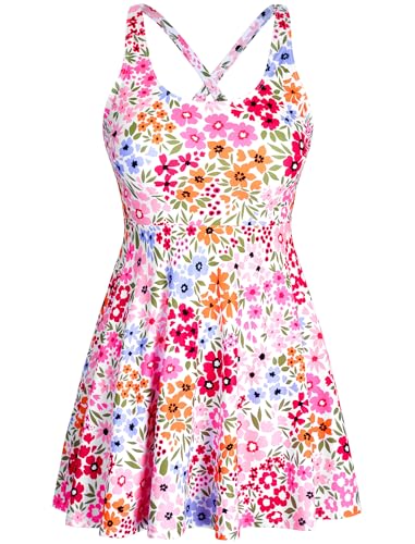 HUAKARY One Piece Swimsuit with Skirt Tummy Control Scoop Neck Swimdress Adjustable Strap Flroal Bathing Suit with Pockets Colorful Floral Medium