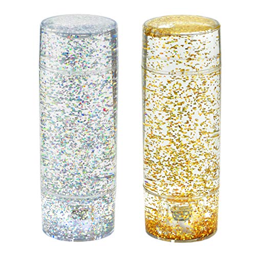 Playlearn Sensory Glitter Calm Down Jar with LED Lights - Sensory Tube Fidget Toy - Gold and Silver - 2 Pack - Focusing and Relaxing Tool for All Ages