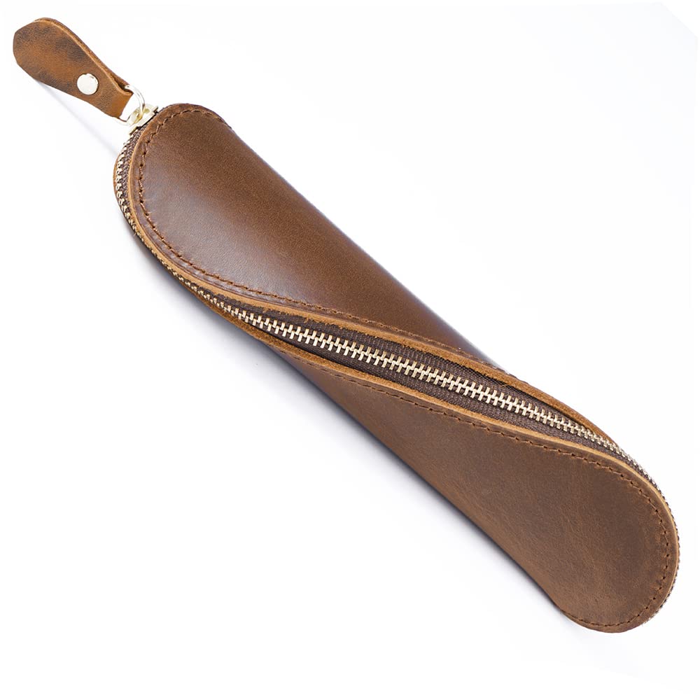Leather Pencil Case S-Shaped Zippered Pen Pouch Elegant and Practical Pencil Cases for Adults and Students(Brown (S）)