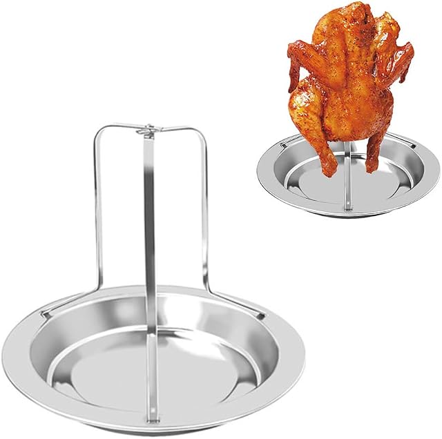 Yhuasia Chicken Holder, Barbecue Racks Upright, Bbq Can Chicken Rack, Vertical Roaster Chicken Holder, Chicken Holder Beer Can, with Drip Pan for Oven, Bbq, Grill Accessories (Stainless Steel)