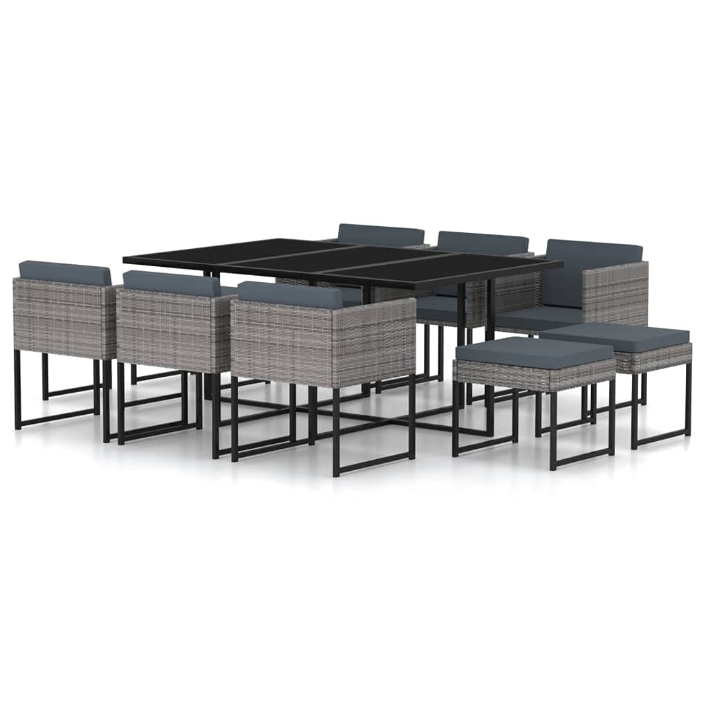 Juego de muebles de jardín con cojines de polirratán gris para terraza, balcón y jardín, juego de comedor con mesa, sillas, taburetes, resistente a la intemperie, fácil de limpiar, cómodo