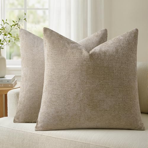 Image of a moment Pack of 2 Decorative Chenille Throw Pillow Covers with Twill Cushion Covers for Sofa Living Room Couch Bed 16x16 Inch Light Brown