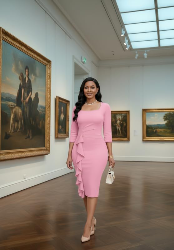 Womens Work Dresses Elegant Square Neck 3/4 Sleeve High Waist Bodycon Ruffle Vintage Church Pencil Midi Dress - Image 3