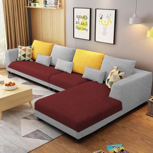 Image of Galib RHS 6 Seater L Shape Sofa Set for Living Room (Maroon Grey Fabric) Premium Fabric Sofa