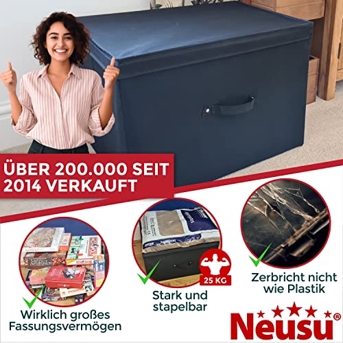 Neusu Aufbewahrungsbox mit Deckel - Schwarz, Stoff Bezogen - Stabile große 60x45x40 cm Klappbox - 100 Liter Super-Jumbo XXL Kiste/Ordnungsbox (100L)