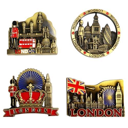 Image of 4PCS London Fridge Magnets Set – 3D Metal British Souvenirs, Double-Decker Bus, Tower Bridge, Union Jack, London Icons Decorative Kitchen Magnets, England Souvenirs Gifts for Friends & Family – Bronze