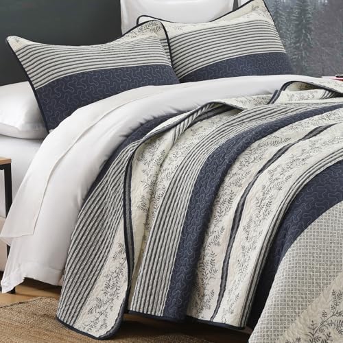 Colcha acolchada de algodón King con rayas y fundas para cama rústica 3