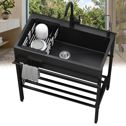 Lavello da Cucina 1 Vasca in Acciaio Inox,Lavandino da Esterno Professionale,Lavabo Commerciale Autoportante con Rubinetto,Lavatoio Nero Multifunzione,per Interno Ristorante Caffè Garage (Size : 80x4