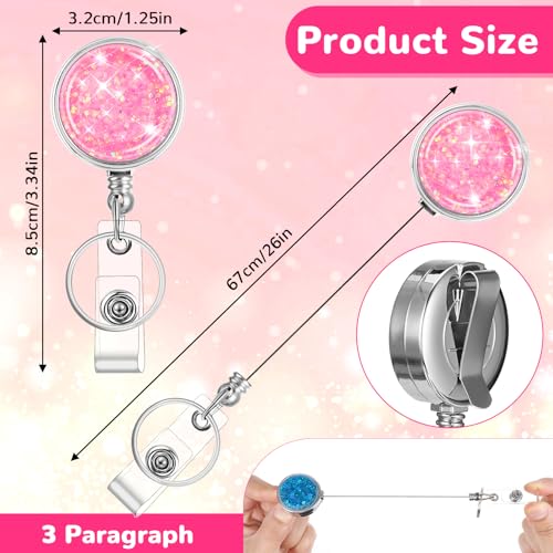Thinp 3 Pack Glitter Badge Reel,Retractable Badge Reel with Key Ring & Belt Clip Glitter Id Badge Holder Bling Cute Badge Clip for ID Cards Office Keychain Nurses Volunteers Teachers and Students - Image 2