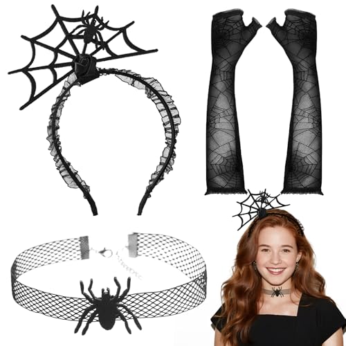 Spinnen Netz Haarreif für Halloween, 3 Stück Spinnen Stirnband mit Halskette, Netzhandschuhe Schwarz, Spinnen Kopfschmuck, Haarschmuck, Hexen Zubehör für Damen Halloween Cosplay Karneval Kostüm Party
