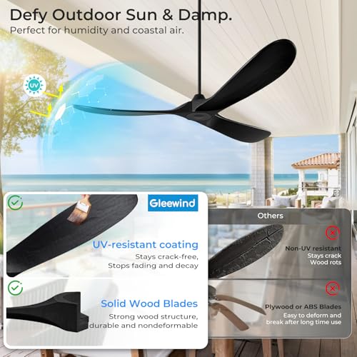 Image of Outdoor Ceiling Fan No Light for Patios, 52 inch Ceiling Fans Without Lights with Smart App and Remote Control, Wet Rated 3 Blades Wood Propeller Modern Fan for Exterior Outside, High CFM, Black