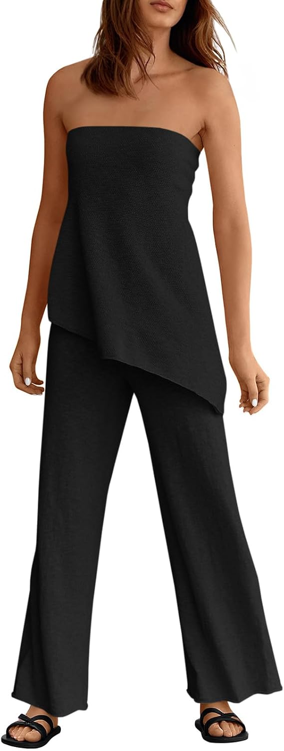 Tankaneo Womens 2 Piece Outfits Asymmetrical Tube Top Wide Leg Pants Knit Vacation Travel 2025 Matching Lounge Sets