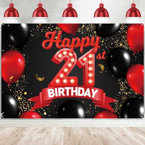 Happy 21st Birthday Red and Black Banner Backdrop Decorations Balloons Theme Decor for Girls Women Princess 21 Years Old Birthday Party Bday Photo Booth Props Supplies Background Favors Glitter Gold