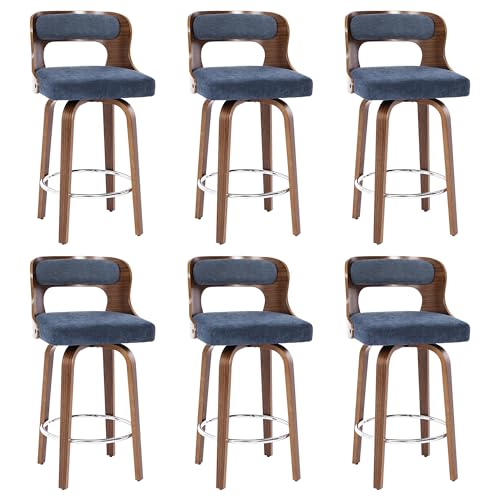 Image of Swivel Bar Stools Set of 6, 26 inch Counter Height Bar Stools, Mid-Century Modern PU Leather Modern Island Chairs with Back and Footrest, for Kitchen, Bar, Restaurant, Cafe, Blue-Gray