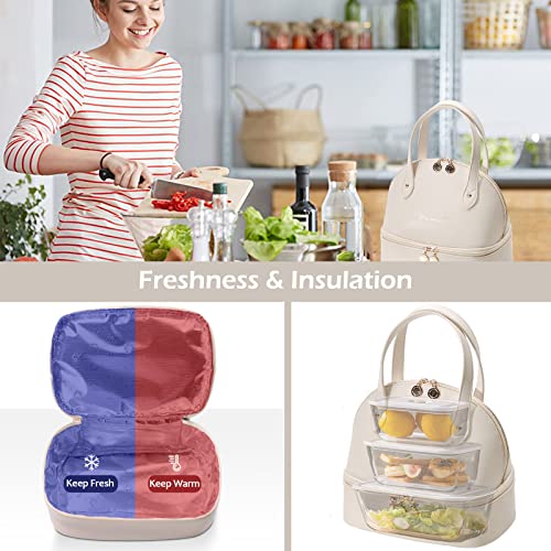 Bakluck Insulated Lunch Bags For Women Lunch Box Bag Lunch Tote Bag For Women Pu Leather Dual Compartment Lunch Bag Reusable Lunch Bag For Teen Travel Work Picnic Beige Lunch Bag #TOP2
