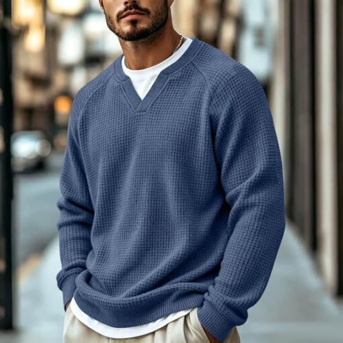 Waffle Knit Long Sleeve Men,V Neck Pullover Sweaters(Blue,Xx-Large) - image 2