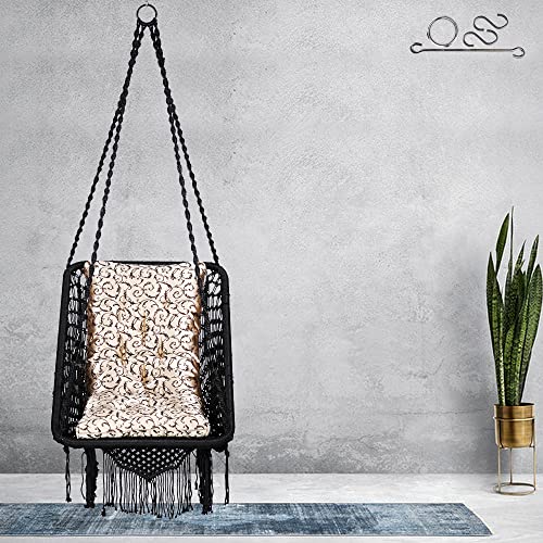 Image of Patiofy Premium Swing for Adults /Swing for Balcony /Jhula for Adults /Hammock Hanging Swing Chair for Home, Garden /Includes Golden Cushion & Hanging Kit / 150Kg Capacity-Black