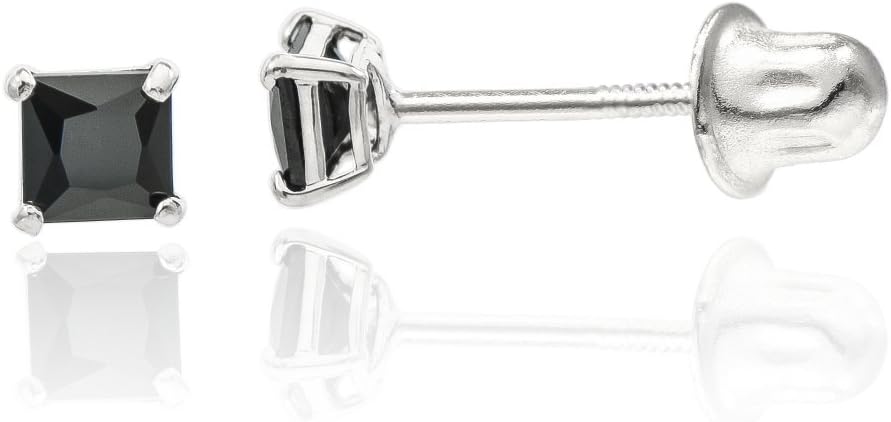 14K White Gold 3 mm Princess cut Black CZ Double-basket set Screw back Stud Earrings