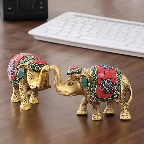 Image of KridayKraft Metal Elephant with Stone Work Showpiece for Home /Office & Table Decor (Set of 2 Pieces, Multicolor, Small)