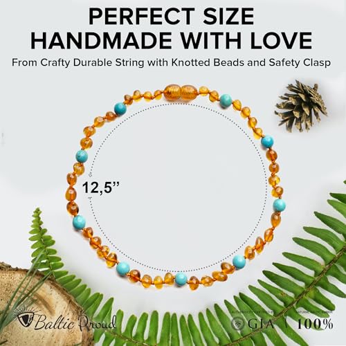 Baltic Proud Amber Necklace (Unisex Cognac Turquoise Polished 12.5 Inches) - Certified Premium Quality Raw Baltic Sea Amber2