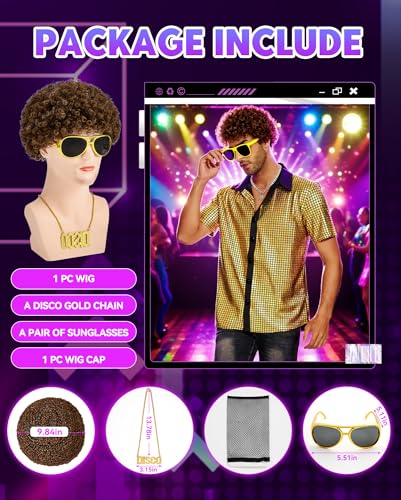 Image of Zando Afro Wig Men 70s Disco Costume - 4pcs Set(Wig+Glasses+Disco Necklace+Wig Cap) Short Brown Curly Natural Synthetic Hair 70s 80s Outfit for Hippies Cosplay Halloween Party