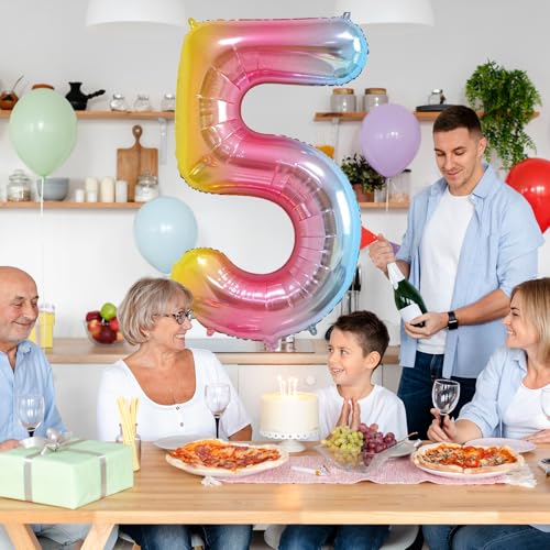 Image of 40 Inch Rainbow Gradient 5 Balloon for 5th Birthday Decorations