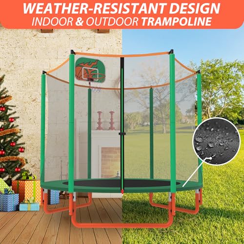 66'' Mini Trampoline for Kids with Enclosure & Basketball Hoop, 5.5FT No-Gap Toddler Trampoline for Indoor & Outdoor Use, 600LBS Capacity, Ideal Gift for Boys & Girls