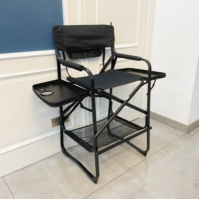 Tall Directors Chair Heavy Duty Bar Height Folding Makeup Chair Padded Seat with Side Table Foot Rest for Camping Home or Patio (Without headrest)