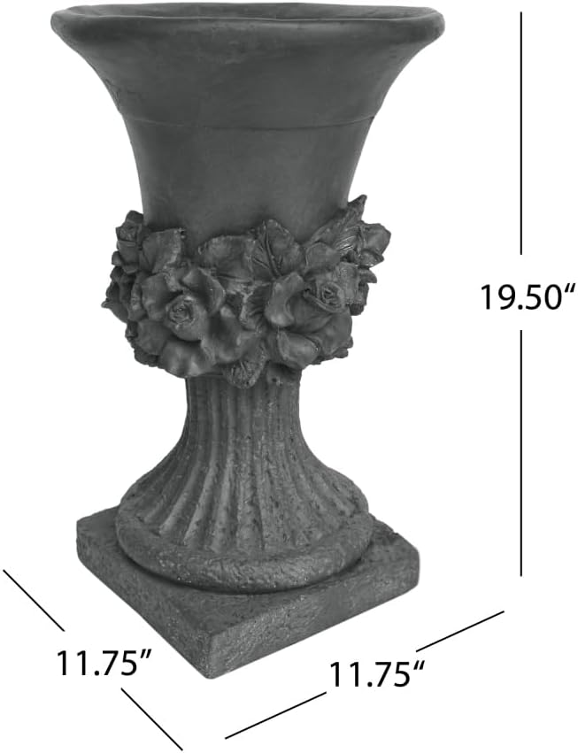 Elegant Magnesium Oxide Garden Urn Planter for Outdoor and Indoor Use, Antique Gray Finish with Classic Design (Antique Gray + Magnesium Oxide)
