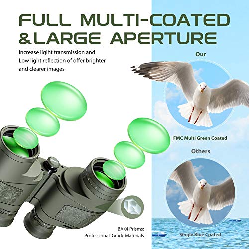 Hooway 7X50 Waterproof Floating Marine Binocular W/Internal Rangefinder & Compass For Navigation,Boating,Bird Watching And More(Army Green #TOP3