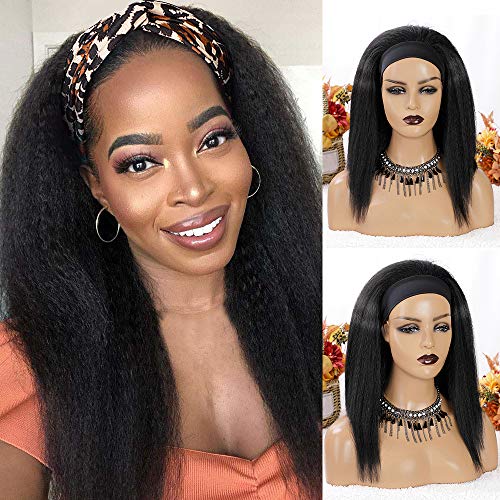 Nnzes Kinky Straight Headband Wigs for Women Yaki Straight Headband Wigs 14 Inch Natural Black Kinky Straight Synthetic Hair Glueless None Lace Front Machine Made Wigs with Headband