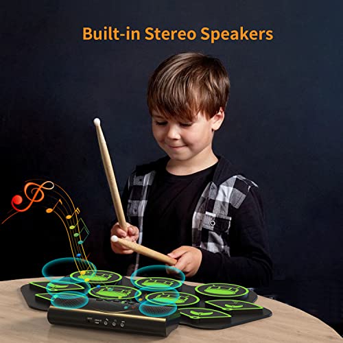 Konix Electronic Drum Set, 9 Pads Roll-Up Electric Drum Set, Practice Drum Pad Midi Drum Kit With Headphone Jack Built-In Speaker Digital Drum Pedals Drum Sticks, Holiday Birthday Gift For Kids Green #TOP2