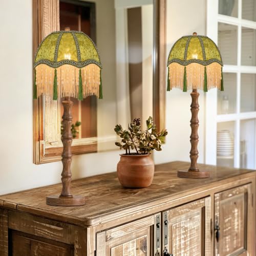 ZECOXOL Mid Century Table Lamp, Bedside Lamp with Pull Chain Switch, Solid Wood & Metal Pole, Modern Nightstand Table Lamp for Living Room, Bedroom