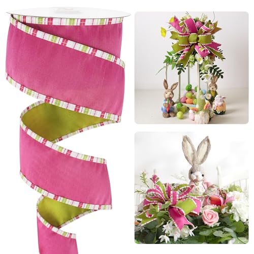 HUIHUANG Hot Pink and Lime Dupioni Wired Ribbon with Striped Border 2.5 Inch Wide 10 Yards Easter Ribbons for Easter Basket Floral Arrangement Bunny Decor Spring Holiday Wreath DIY Crafts