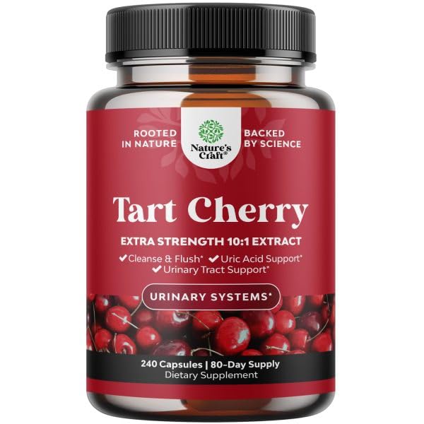 Natures Craft Extra Strength Tart Cherry Capsules - Tart Cherry Extract Capsules for Uric Acid Cleanse for Kidney Support - Fruit Extract Supplement for Urinary Tract Health & Joint Support - 240 Ct