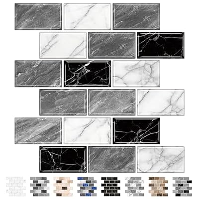 URCOLOR 10-Sheet Peel and Stick Backsplash Tile Sticker for Kitchen,12"x12" Self Adhesive Subway Wall Tiles Stick on Back Splashes for Bathroom White Gray Black White Marble Design